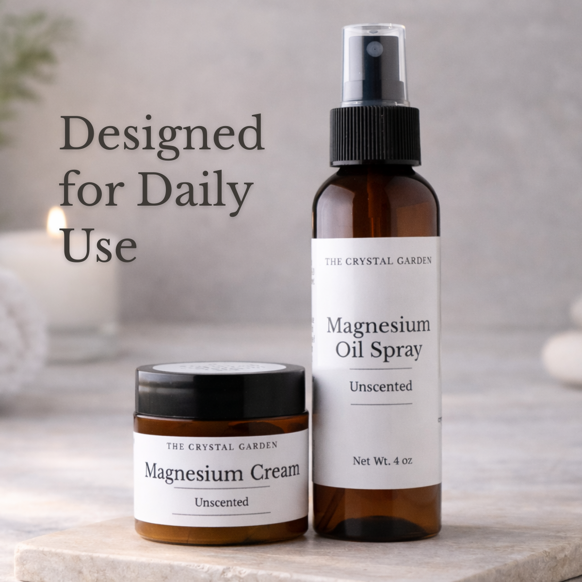 Unscented Magnesium Spray and Magnesium Cream bundle in amber bottles for topical magnesium