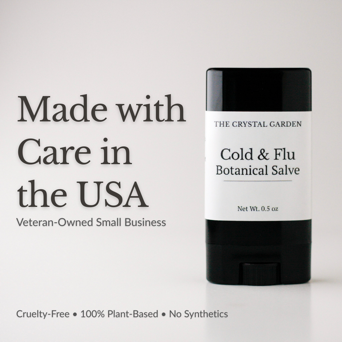 made in USA, veterain owned small company, Cold & Flu and Menthol Botanical Salves in black 0.5 oz twist-up tubes on a neutral backgroundsalves, suporting photo(10).png