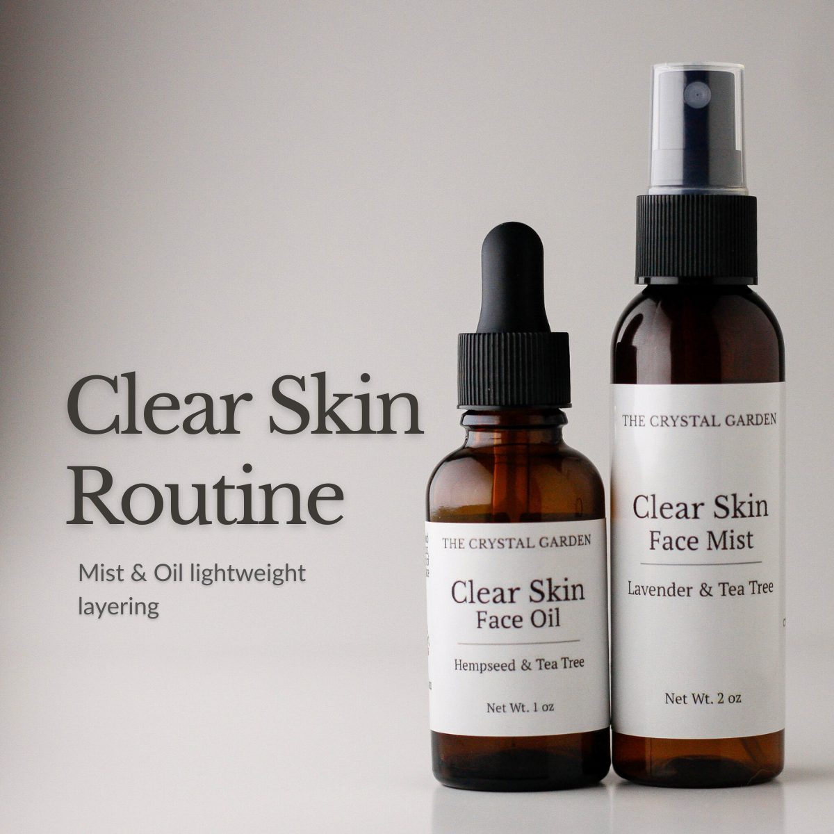 Clear Skin Bundle botanical skincare set with Clear Skin Face Oil and Clear Skin Face Mist, with text that says, clean skincare routine