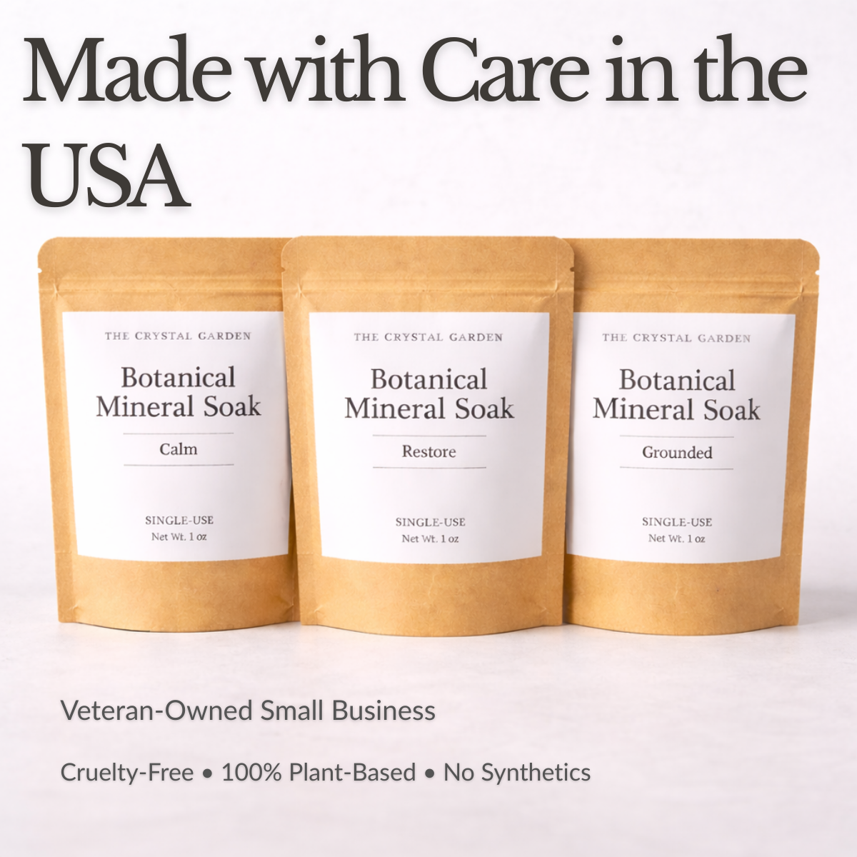 The Crystal Garden Botanical Mineral Soak three blend sampler featuring Calm, Restore, and Grounded single-use pouches.