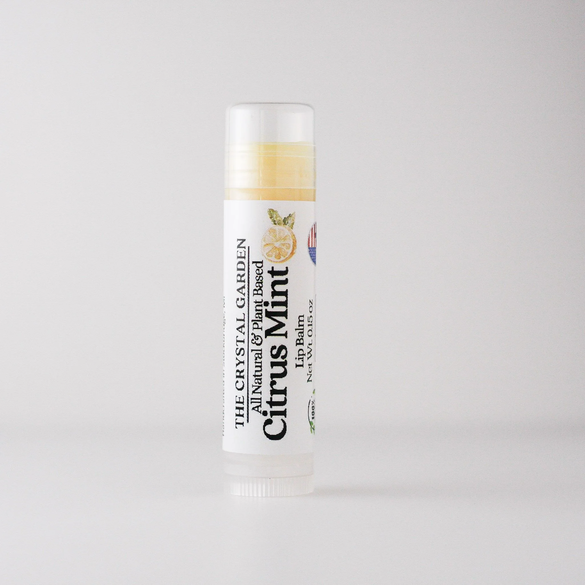 Citrus mint lip bam on nutrual-gray back drop