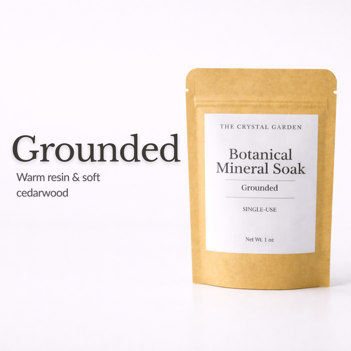 The Crystal Garden Botanical Mineral Soak Grounded single-use pouch with frankincense and cedarwood essential oils.