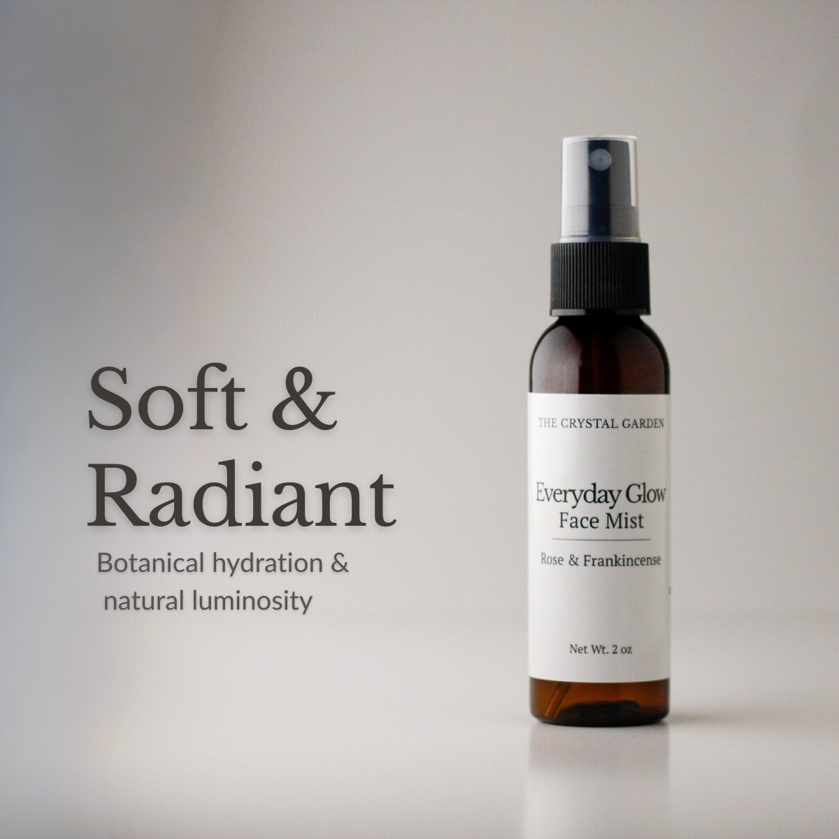 Everyday Glow Face Mist botanical hydrosol facial mist in amber glass spray bottle. SOft and radiant