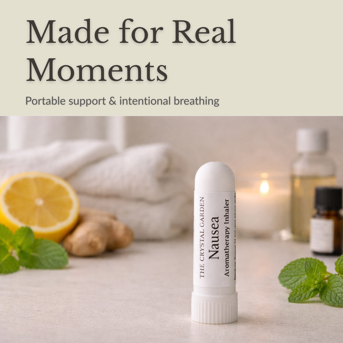 Nausea aromatherapy inhaler from The Crystal Garden with peppermint, ginger, and lavender essential oils.