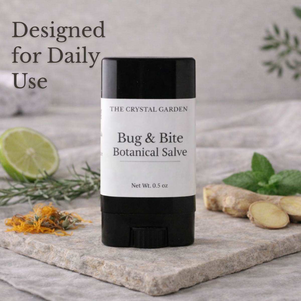 Bug & Bite Botanical Salve on linen with botanical elements in a natural, outdoor-inspired setting