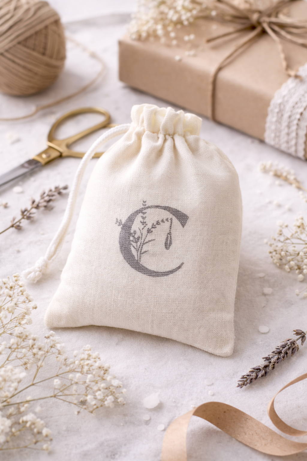 Muslin bag with the Crystal Garden log surrouned by botanicals