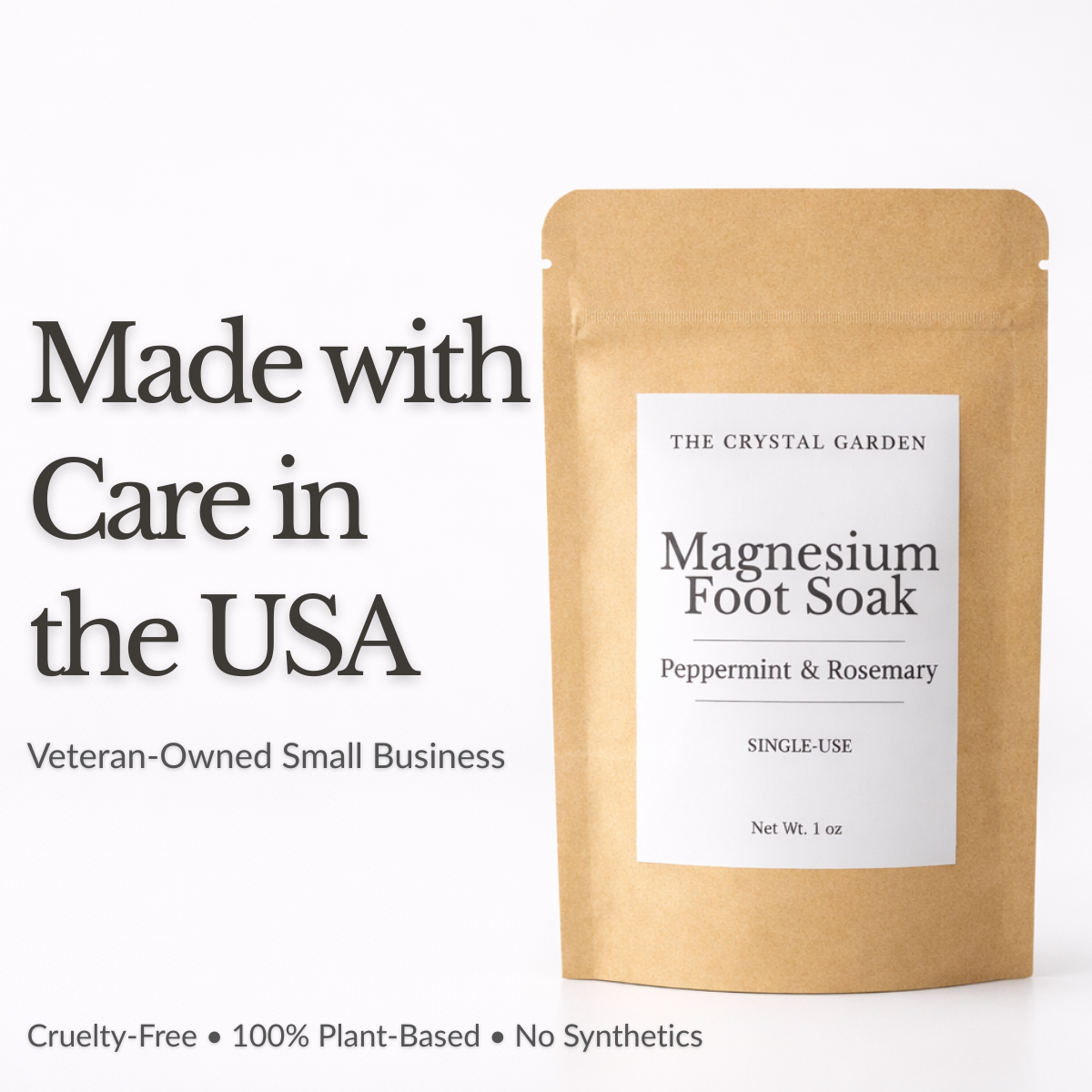 Magnesium foot soak pouches peppermint and rosemary in single-use and 4 oz sizes by The Crystal Garden. Made with care in USA, veterin owned small business