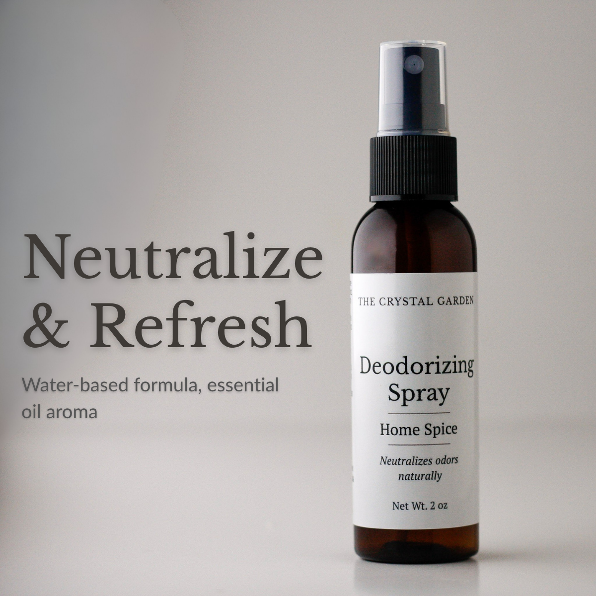 Amber glass Home Spice deodorizing spray styled with warm spices to represent a cozy home fragrance.