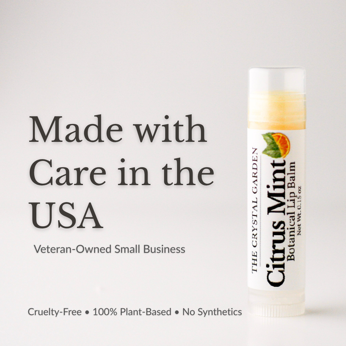 Citrus Mint lip balm in white tube with botanical label on a white to light gray background., supporting photo(1).png