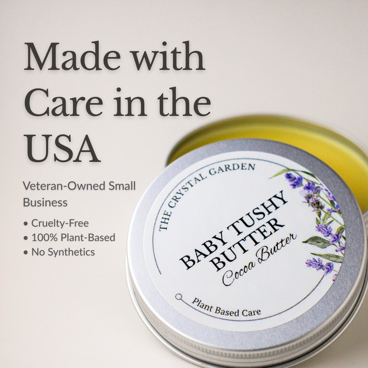 Baby Tushy Butter plant-based diaper balm cocoa butter blend in silver tin for sensitive skin. Made in USA, a veteran owned small business