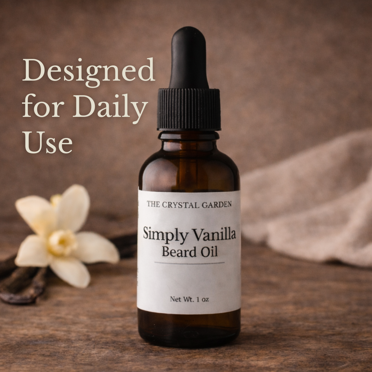 Simply Vanilla beard oil displayed in a soft natural setting with warm, minimal elements for daily grooming