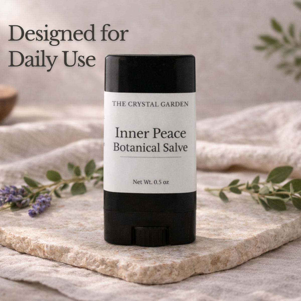 Inner Peace salve displayed in a soft natural setting with botanical elements for a calm, everyday ritua