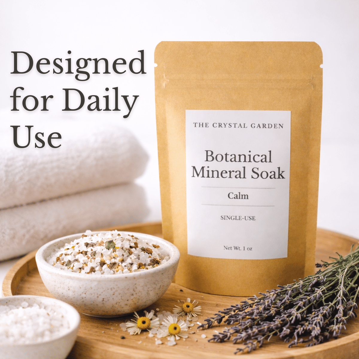 Botanical Mineral Soak Calm bath and foot soak in single-use and 4 oz pouches