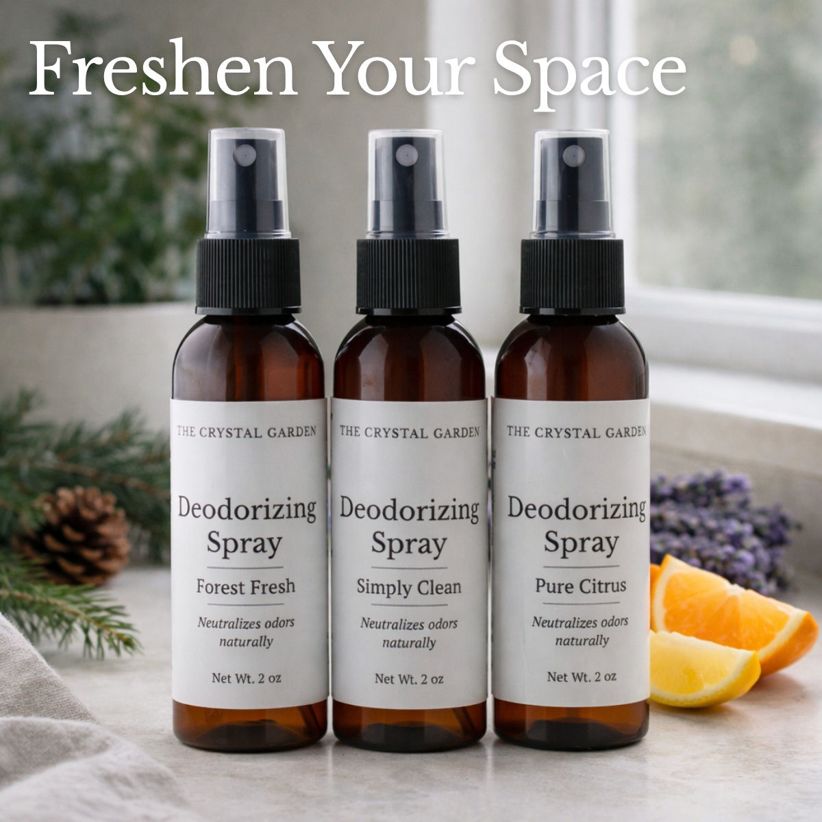 The Crystal Garden deodorizing spray 3-pack including Forest Fresh, Simply Clean, and Pure Citrus in 2 oz amber bottles.