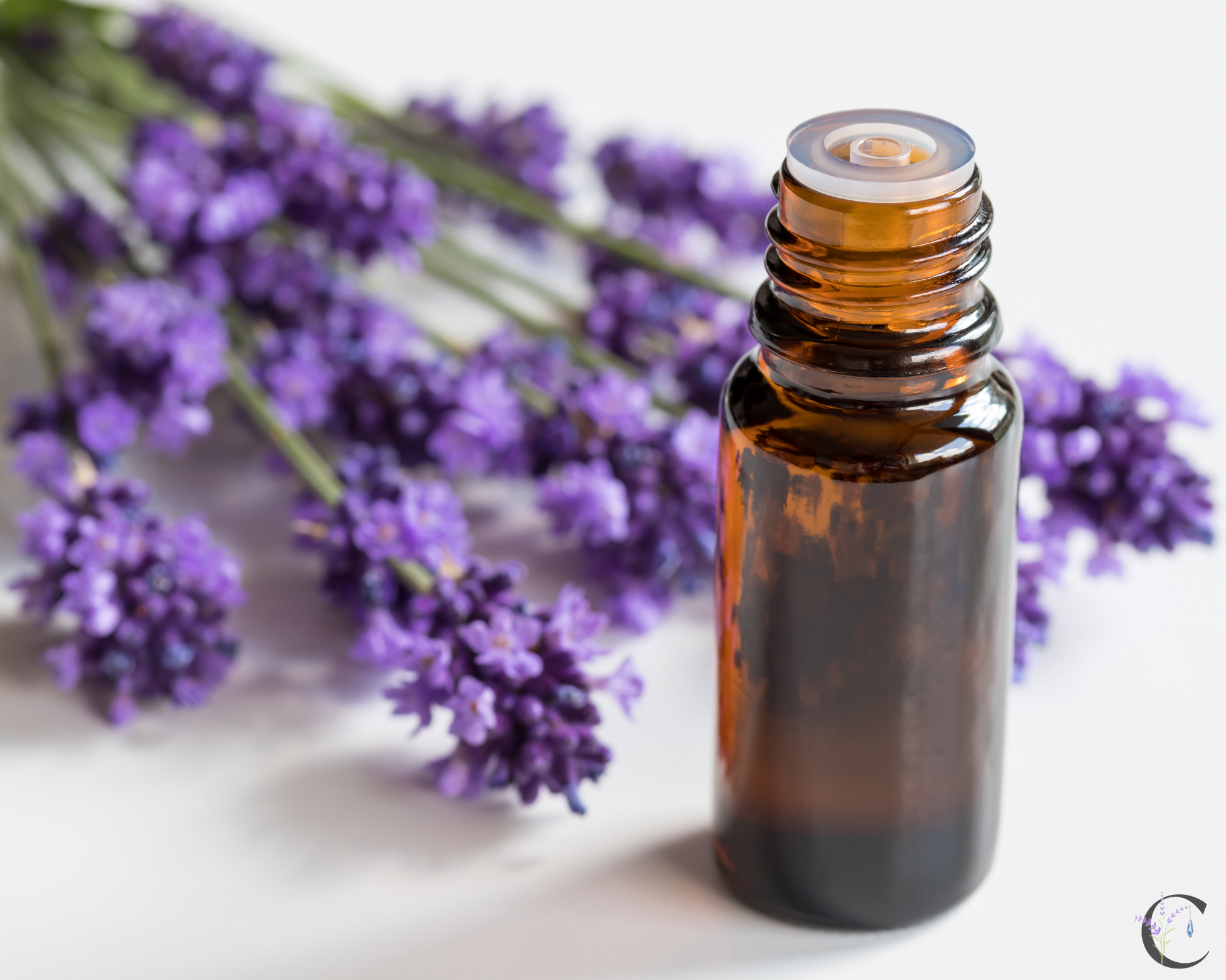 close up of an amber dropper bottle with lavedner in background laying down