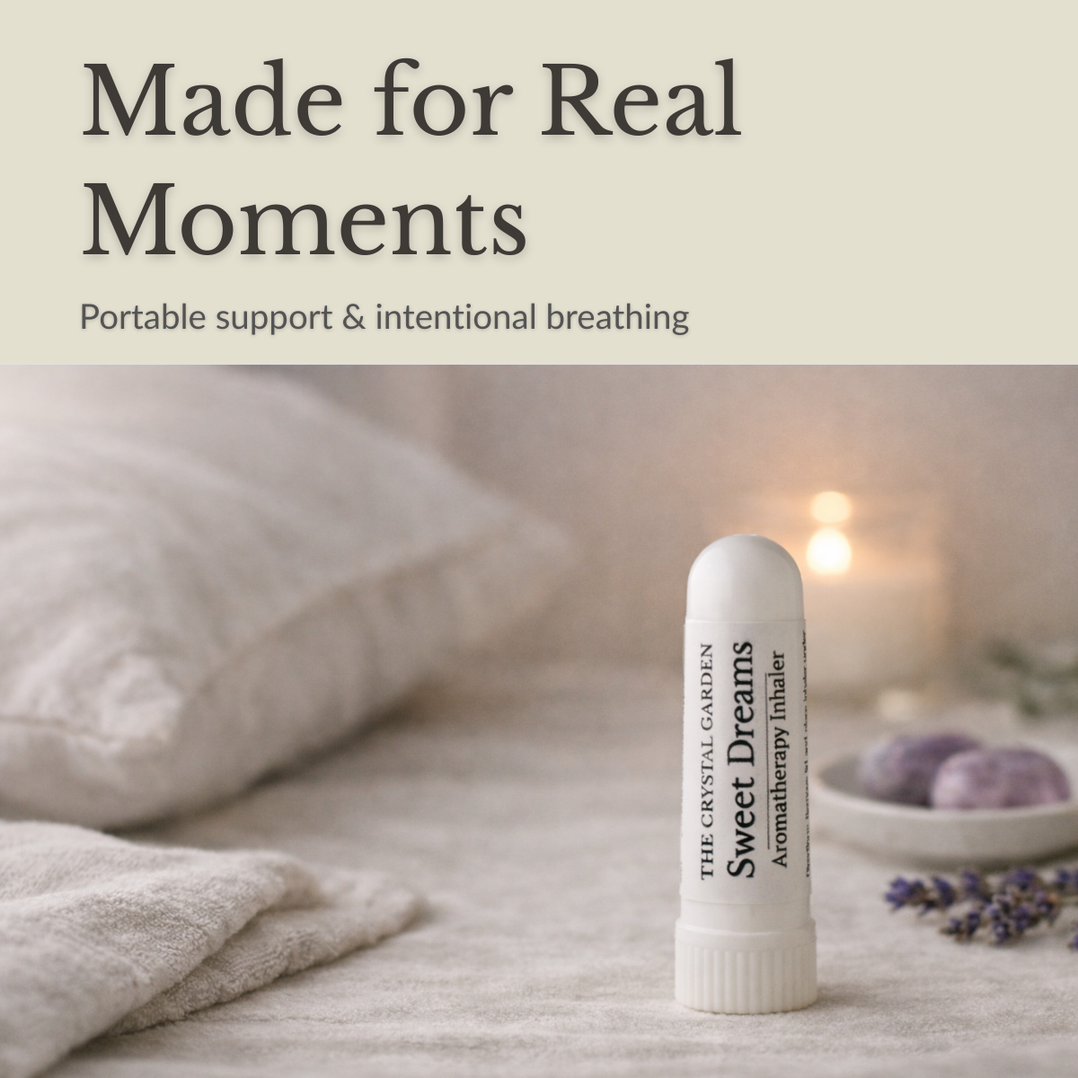 Sweet Dreams aromatherapy inhaler by The Crystal Garden beside lavender and soft candlelight in a calming nighttime setting.