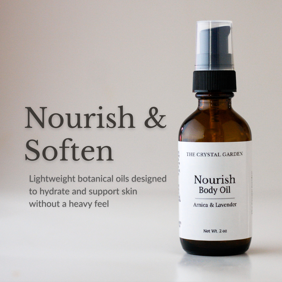 Nourish Body oil with arnica and lavender essential oils in an amber 2oz pump bottle by The Crystal Garden