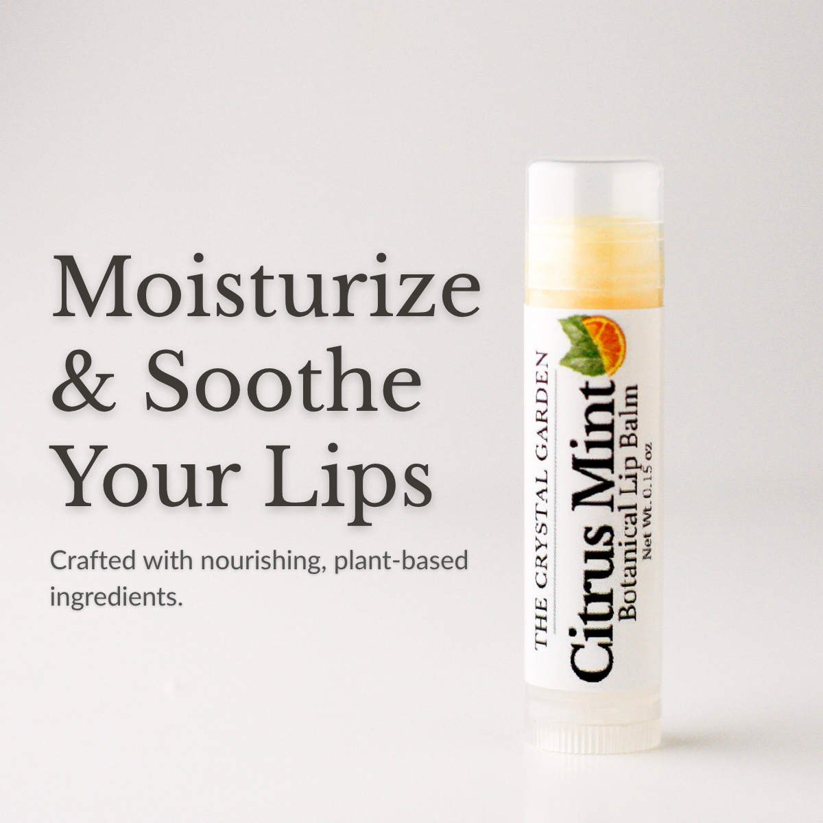 Citrus Mint lip balm in white tube with botanical label on a white to light gray background., supporting photo.png