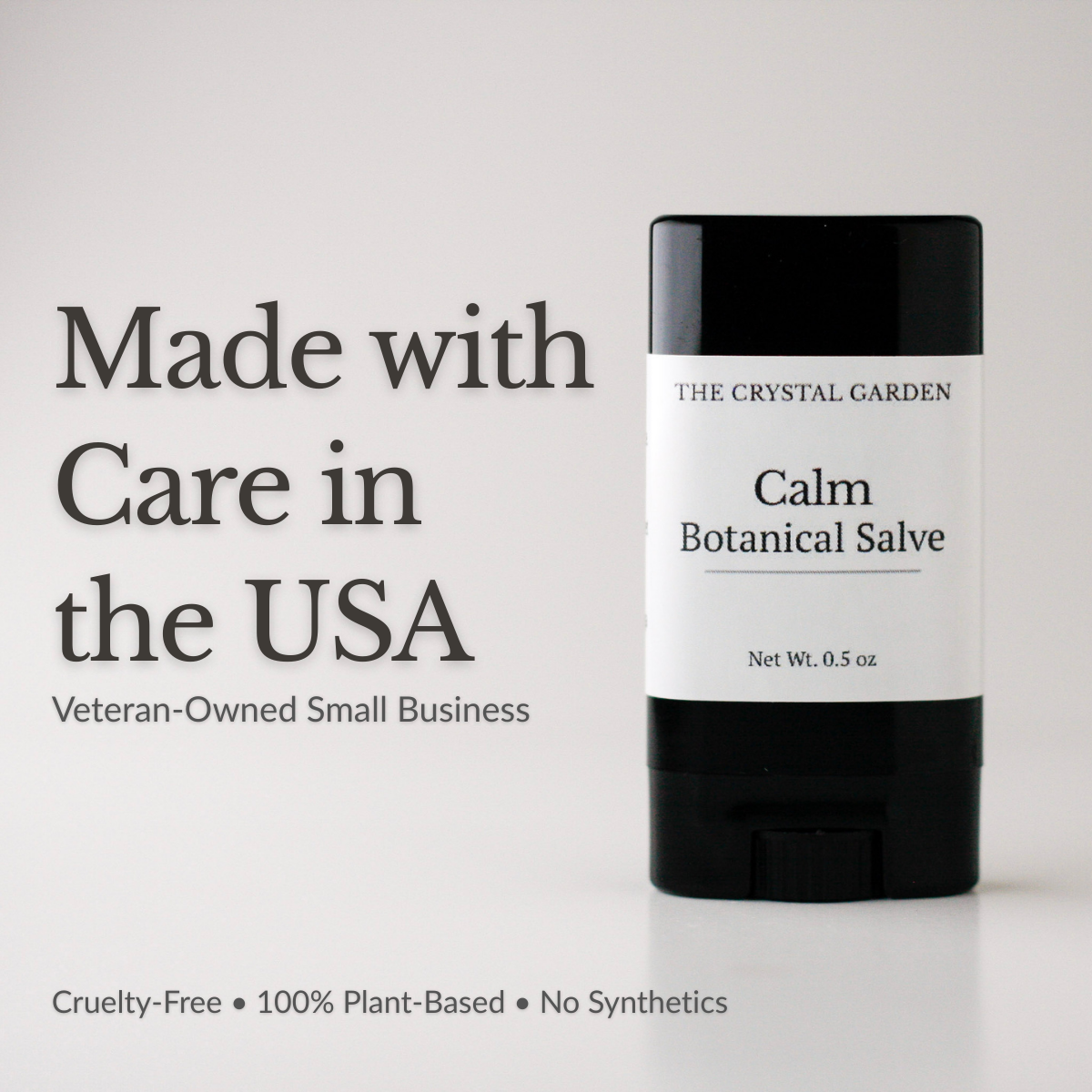 Calm Botanical Salve in a black 0.5 oz twist-up tube with minimal label on a soft neutral background