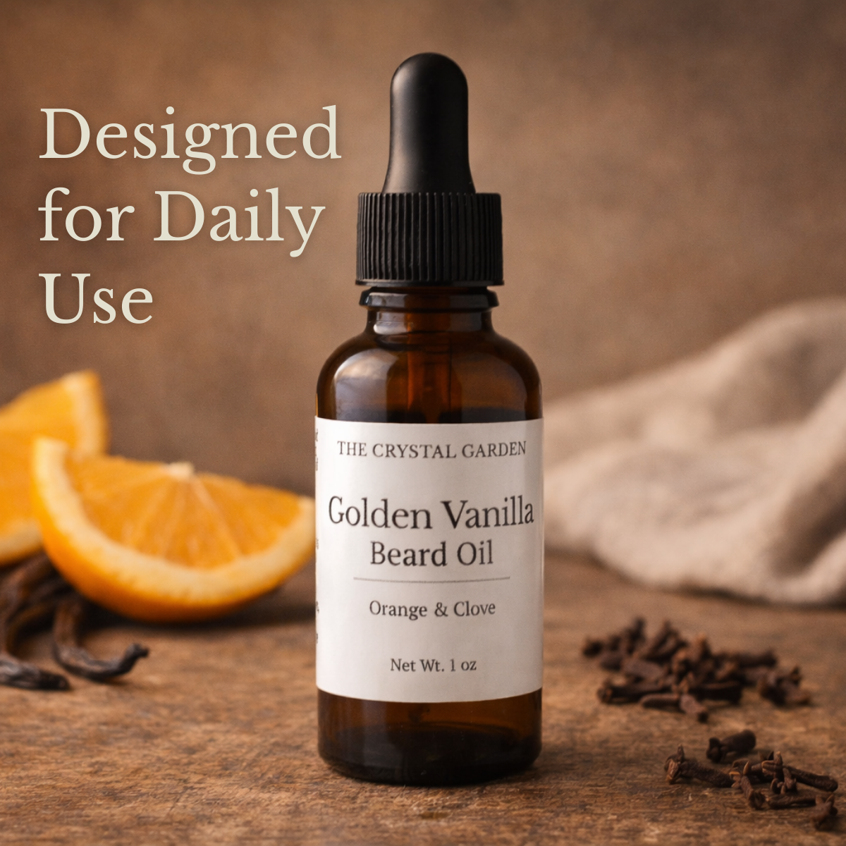 Golden Vanilla beard oil displayed in a natural setting with warm citrus and spice elements for grooming