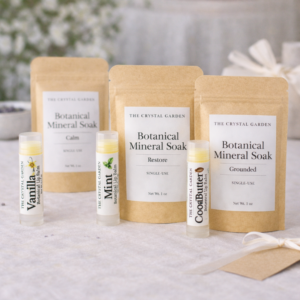 Botanical relaxation favor sets displayed on a table for event favors and gift bags.