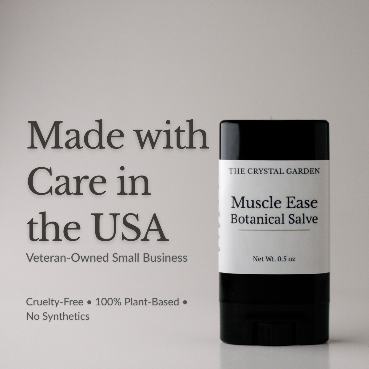 Made in USA, small veteran owned business, Muscle Ease salve in twist-up tube with warming essential oil blend for everyday muscle comfort