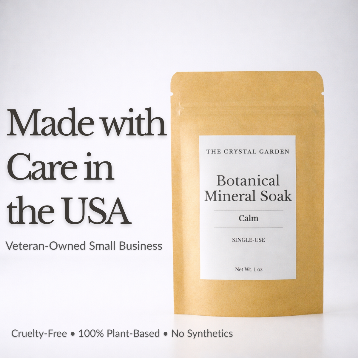 Botanical Mineral Soak Calm bath and foot soak in single-use and 4 oz pouches. Made in USA, small veterain owned company