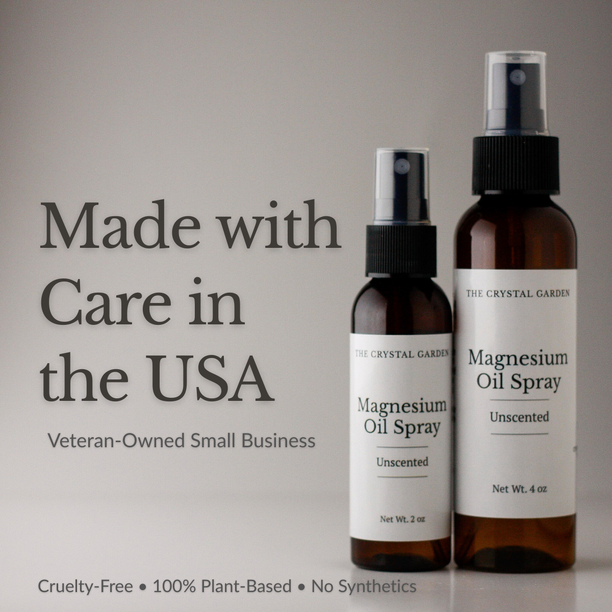 Magnesium oil spray in amber bottle with black spray top by The Crystal Garden. Made with care in USA, a veterin owned small company