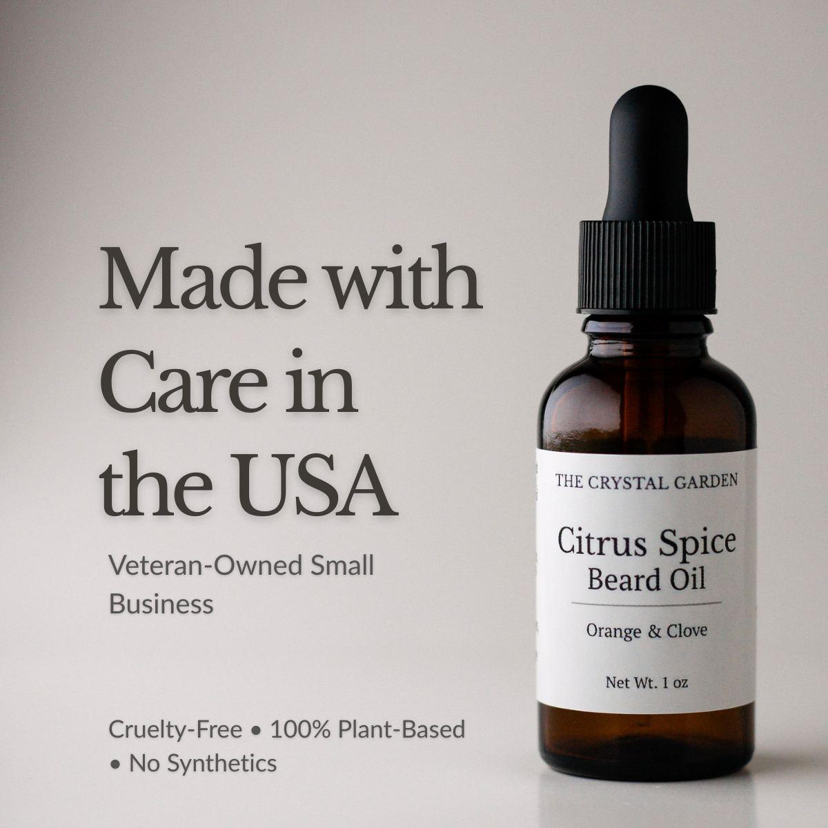 Citrus Spice beard oil from The Crystal Garden in amber glass bottle with warm citrus aroma