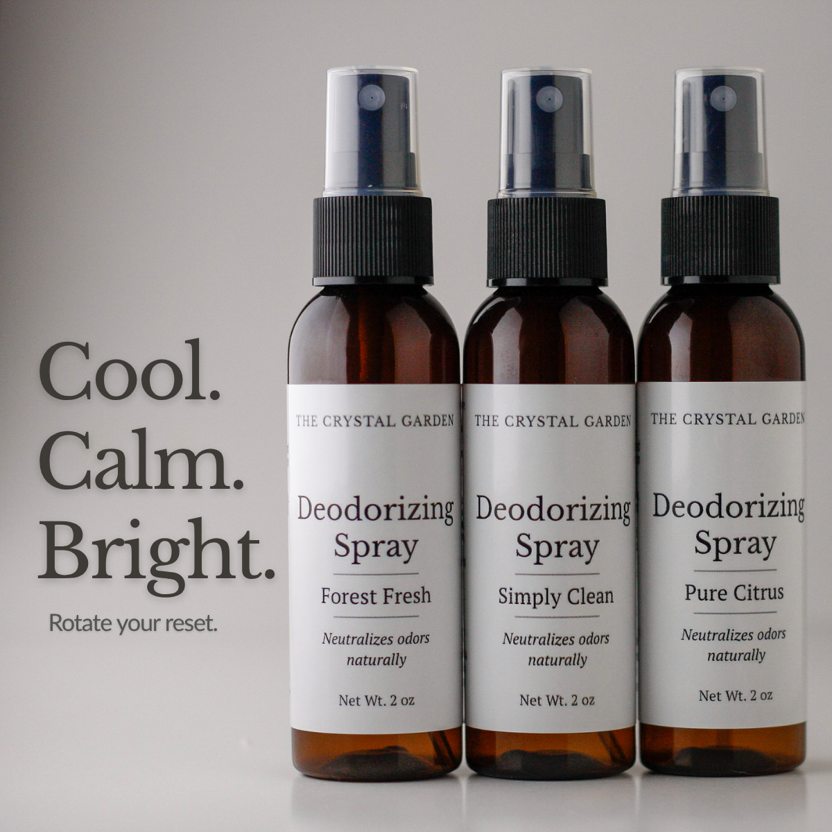 The Crystal Garden deodorizing spray 3-pack including Forest Fresh, Simply Clean, and Pure Citrus in 2 oz amber bottles.