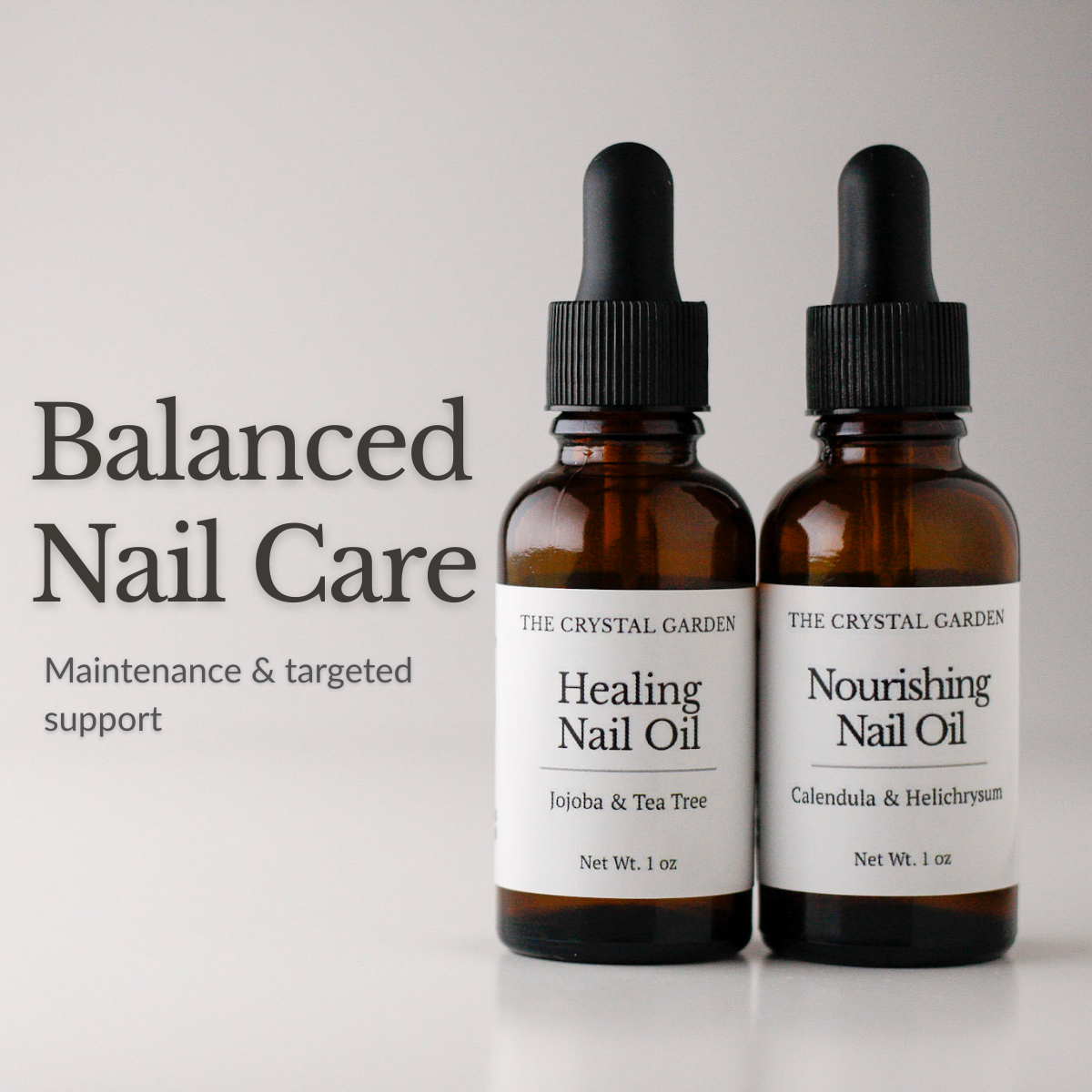 Nail Oil Bundle with Healing Nail Oil and Nourishing Nail Oil in amber glass bottles. Balanced skin care