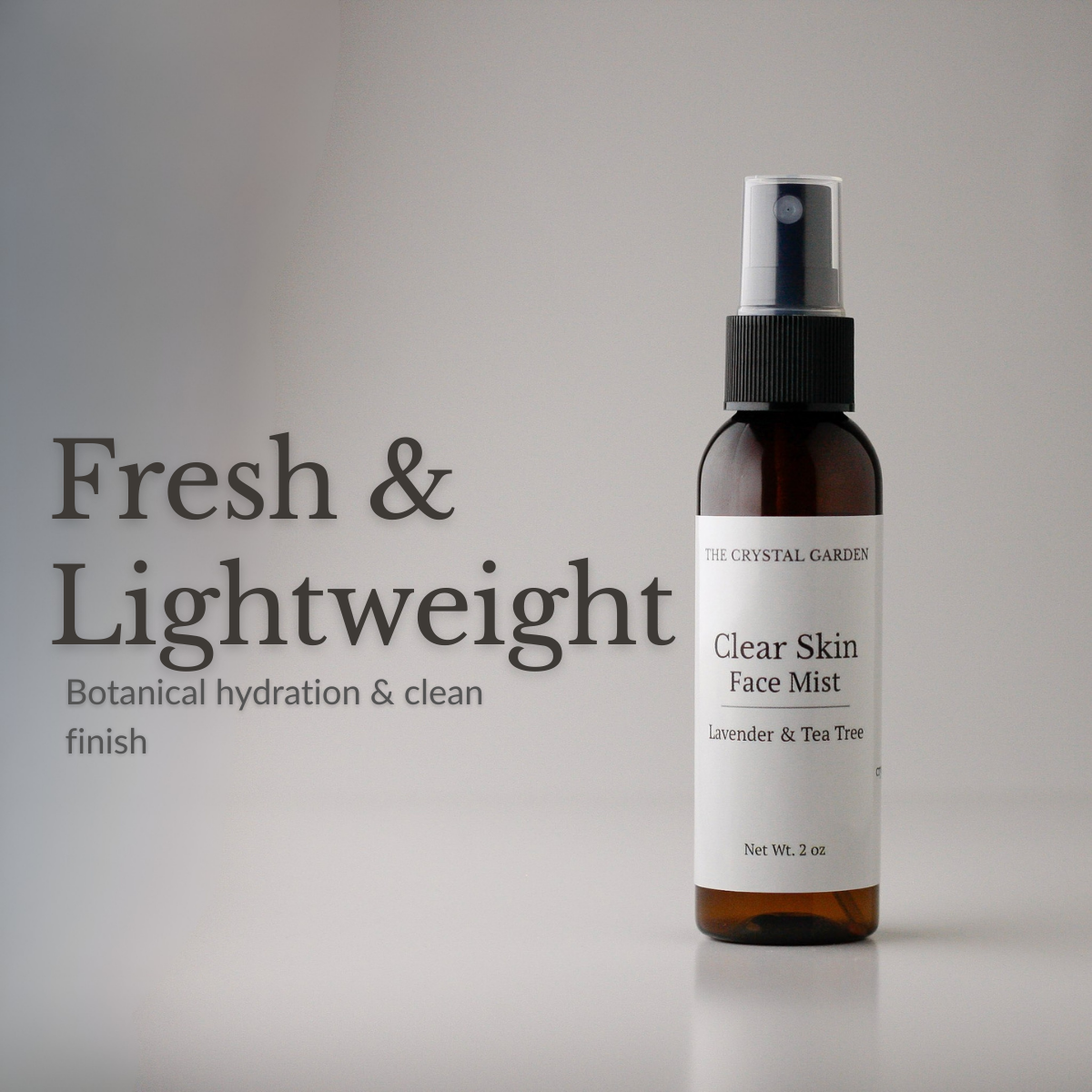 Clear Skin Face Mist botanical hydrosol facial mist in amber glass spray bottle, with text that says Fresh and lightweight