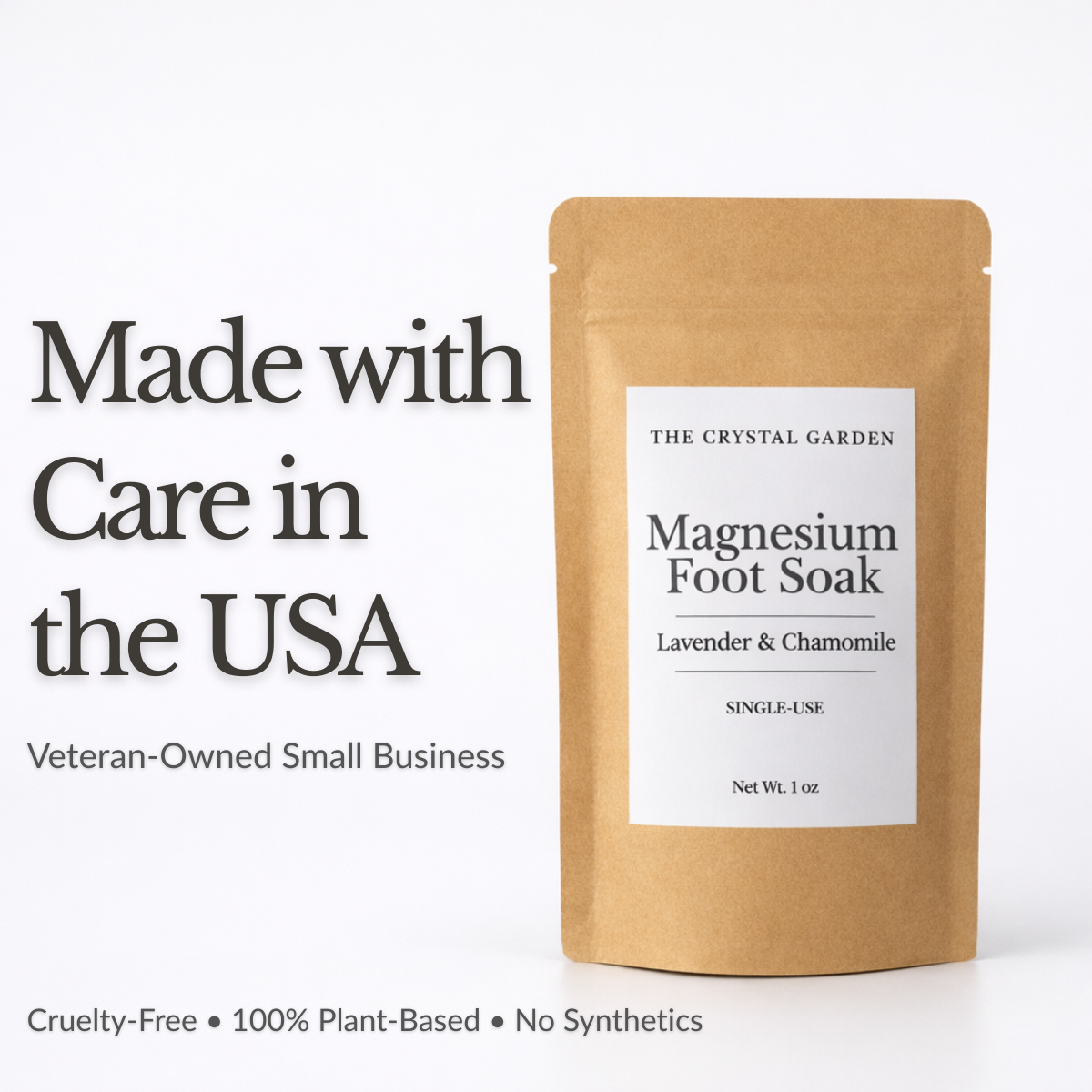 Magnesium Foot Soak single-use pouch with lavender and chamomile by The Crystal Garden. Made with care i the USA. A veterin owned small company