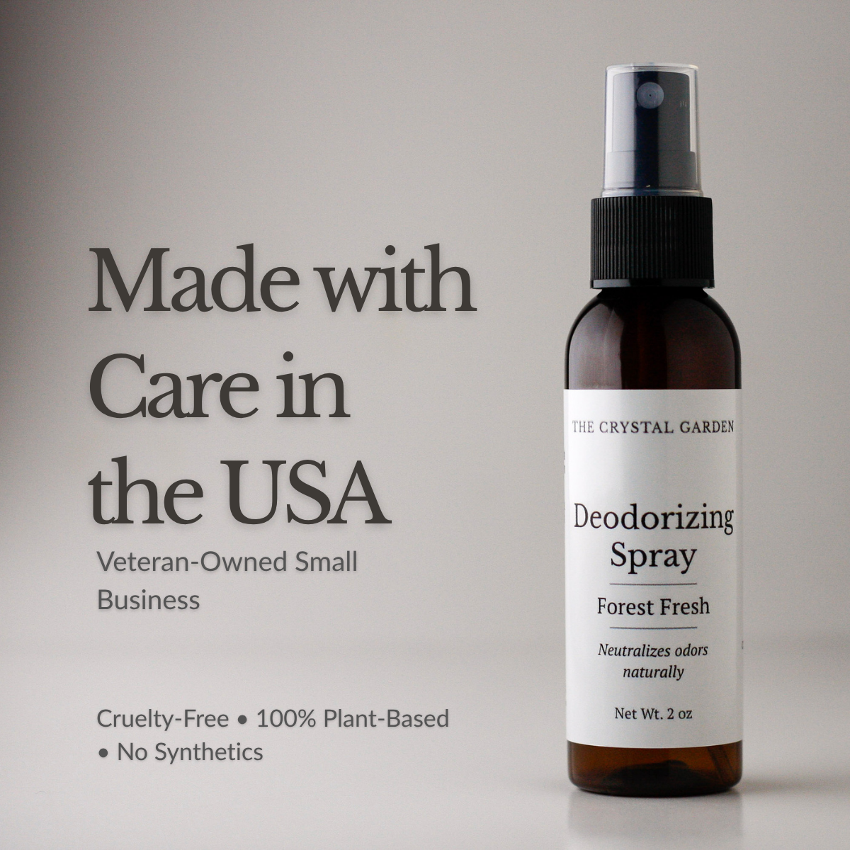 The Crystal Garden Forest Fresh deodorizing spray in a 2 oz amber bottle on a white background.. Made in USA, a veteran owned small company