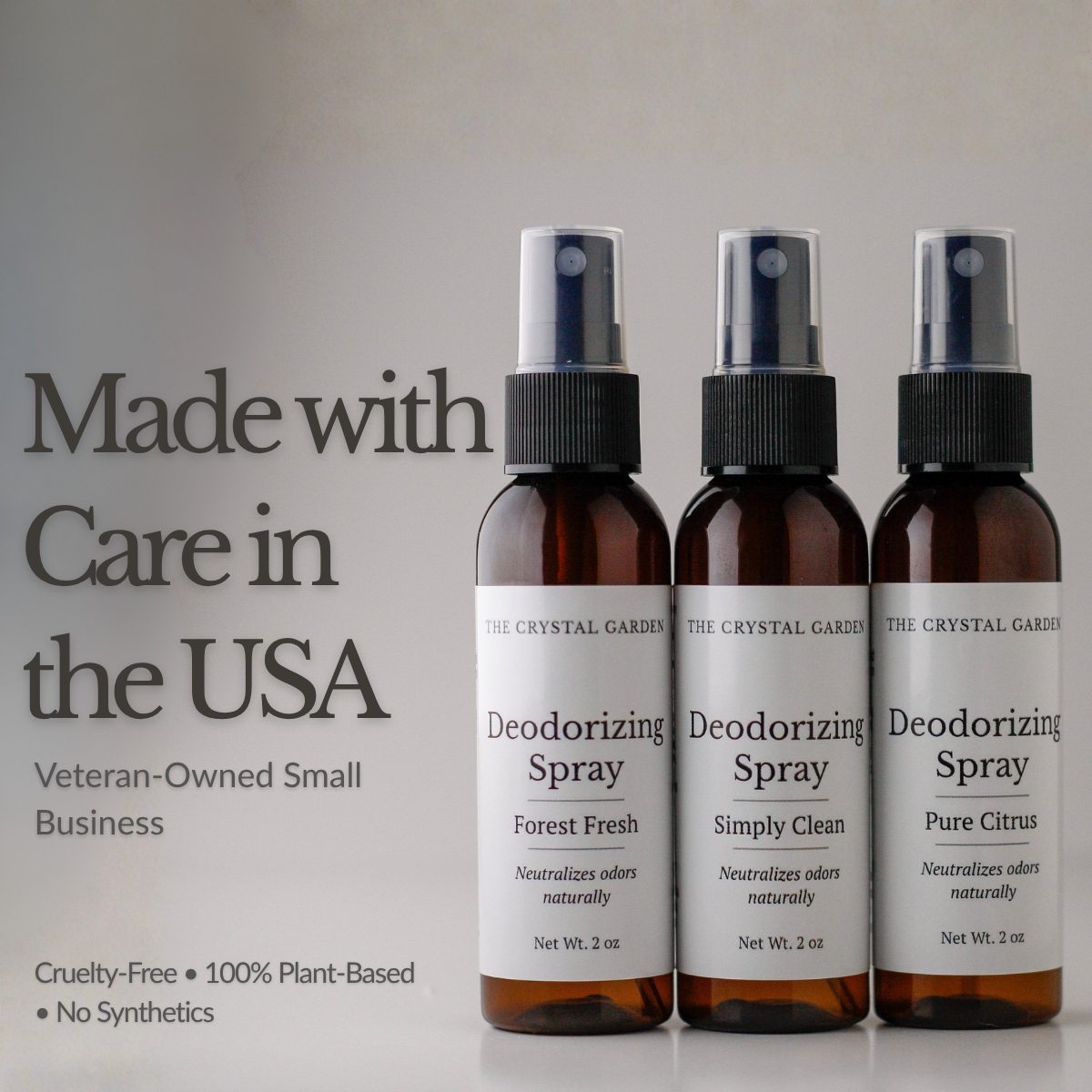 The Crystal Garden deodorizing spray 3-pack including Forest Fresh, Simply Clean, and Pure Citrus in 2 oz amber bottles. Made in USA, a veteran owned small business