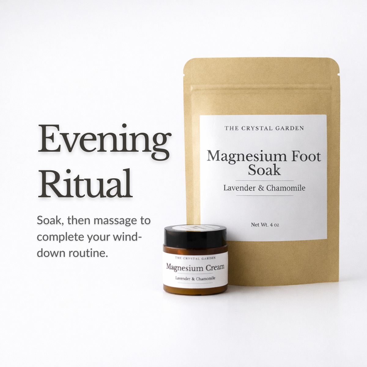 Magnesium Cream and Foot Soak Lavender Chamomile bundle in amber jar and mineral soak pouch