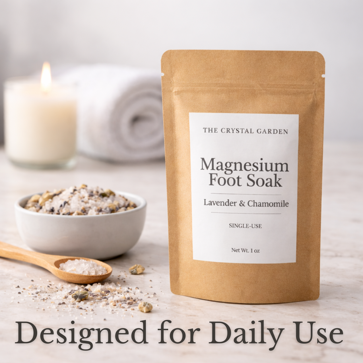 Single-use magnesium foot soak pouch lavender and chamomile by The Crystal Garden