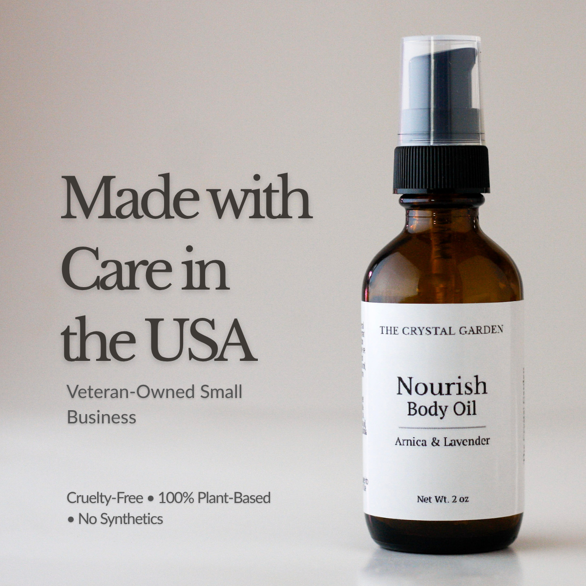 Nourish Body oil with arnica and lavender essential oils in an amber 2oz pump bottle by The Crystal Garden Made Im USA, veteran owened small company