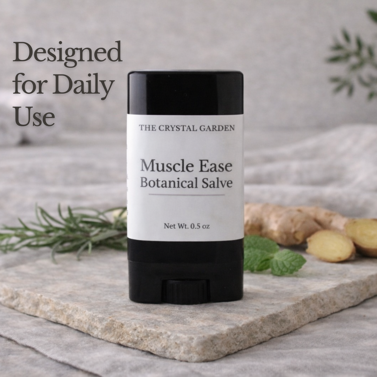 Muscle Ease botanical salve in black twist-up tube for targeted plant-based muscle care