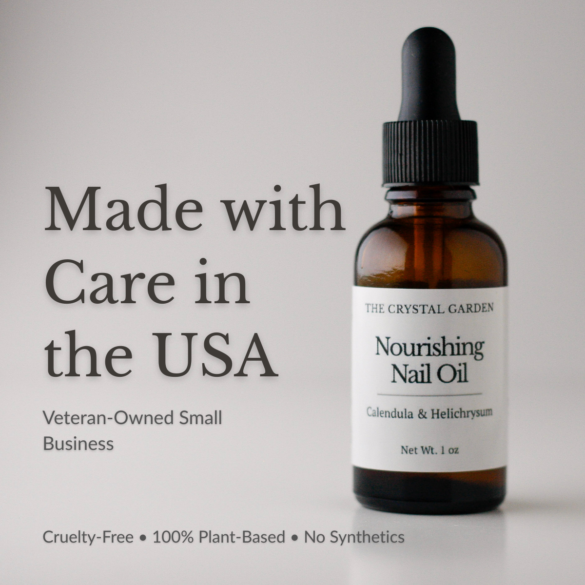 Nourishing Nail Oil botanical nail and cuticle oil in amber glass dropper bottle, supporting text, maked in USA, veterain owned small business