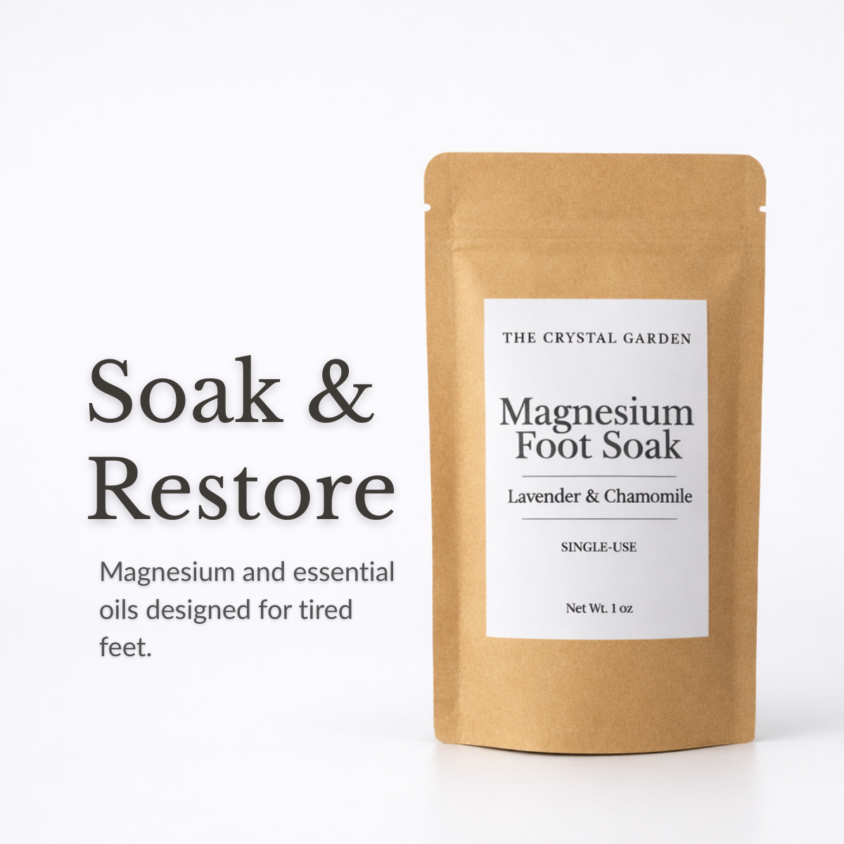 Magnesium Foot Soak single-use pouch with lavender and chamomile by The Crystal Garden. Soak and restore