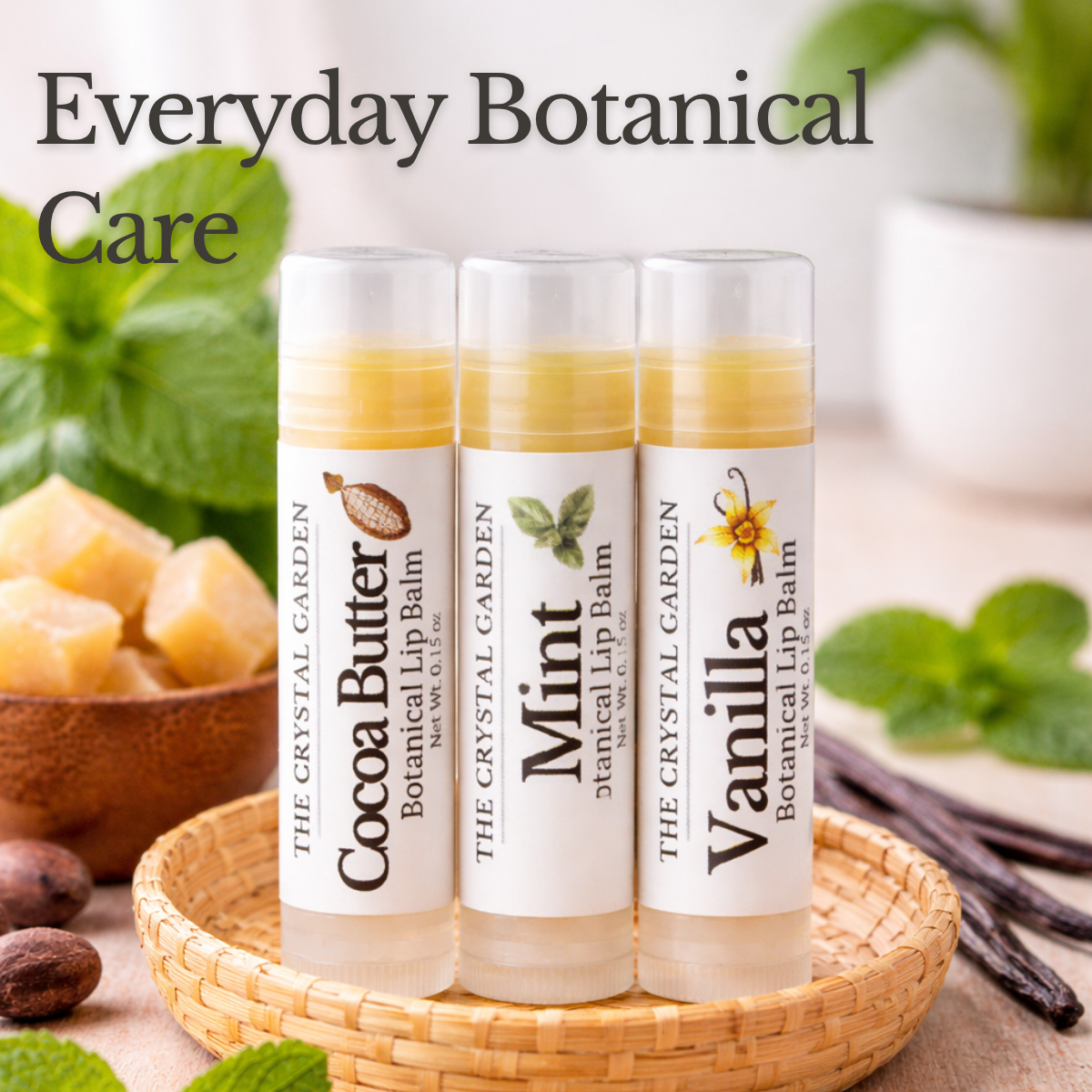 Botanical Trio lip balm set with Cocoa Butter, Mint, and Vanilla lip balms on a stone surface with soft neutral background.