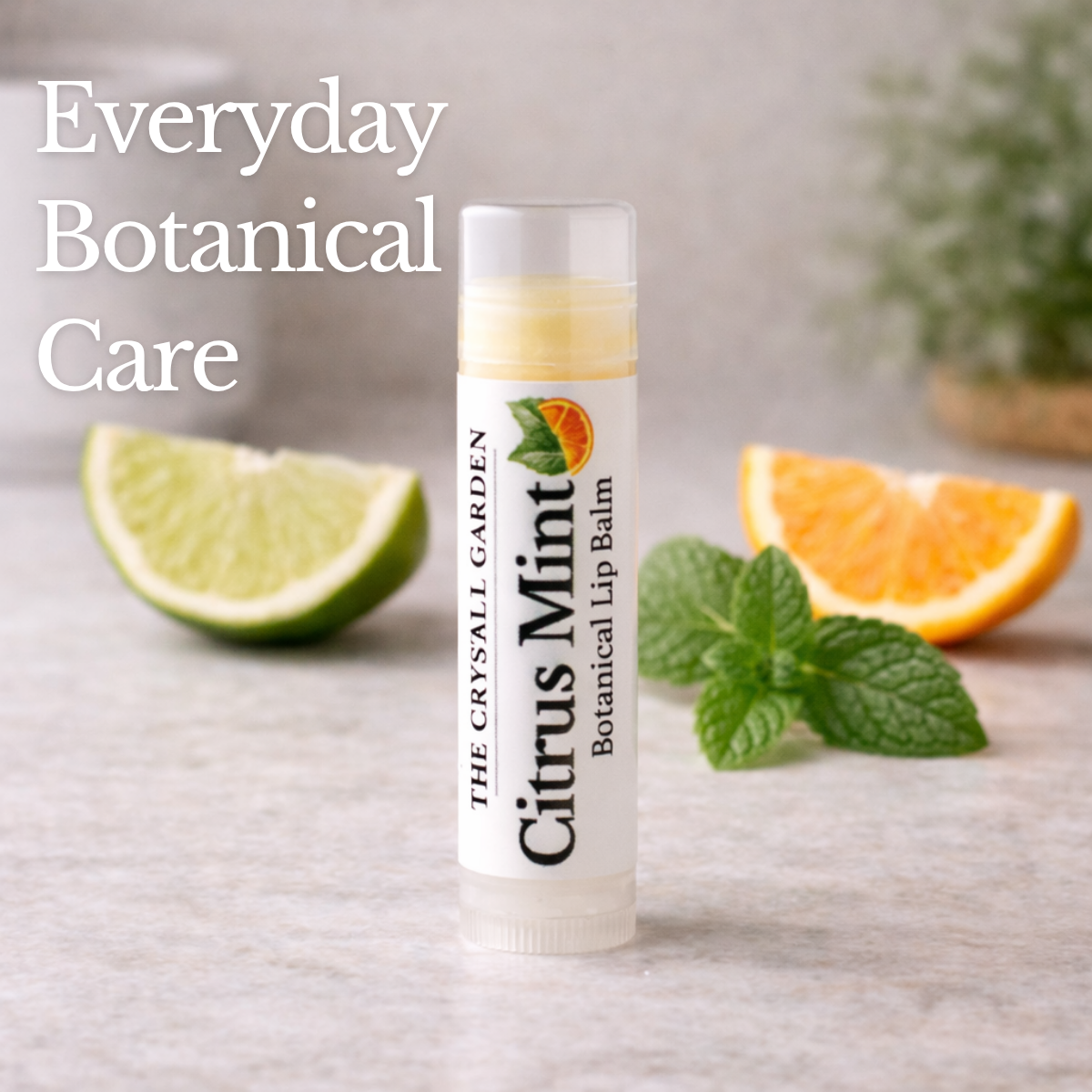 Citrus Mint natural lip balm in white tube with botanical label on a white to light gray background, plant-based lip care by The Crystal Garden.