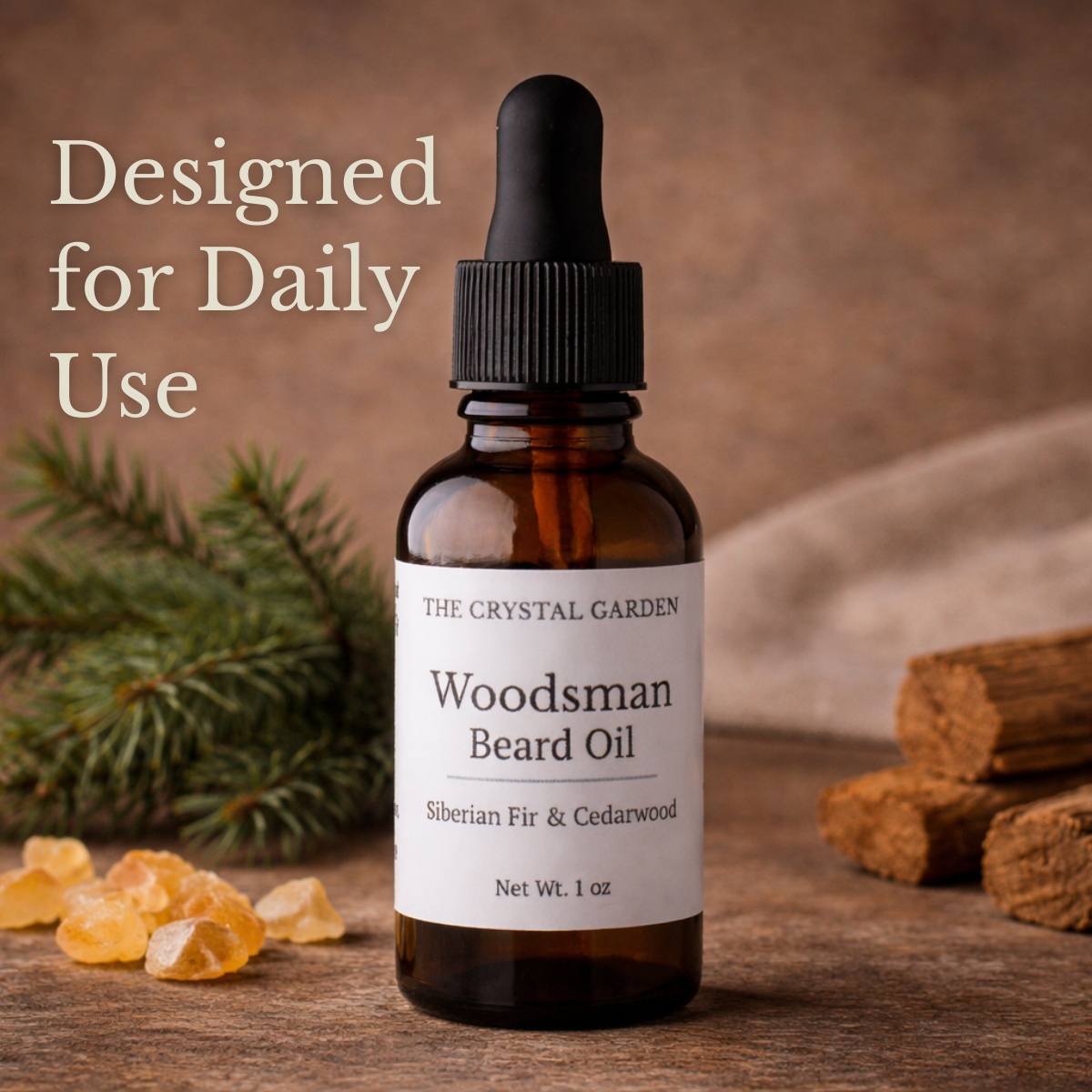 Woodsman beard oil displayed in a natural setting with wood and greenery for everyday beard care