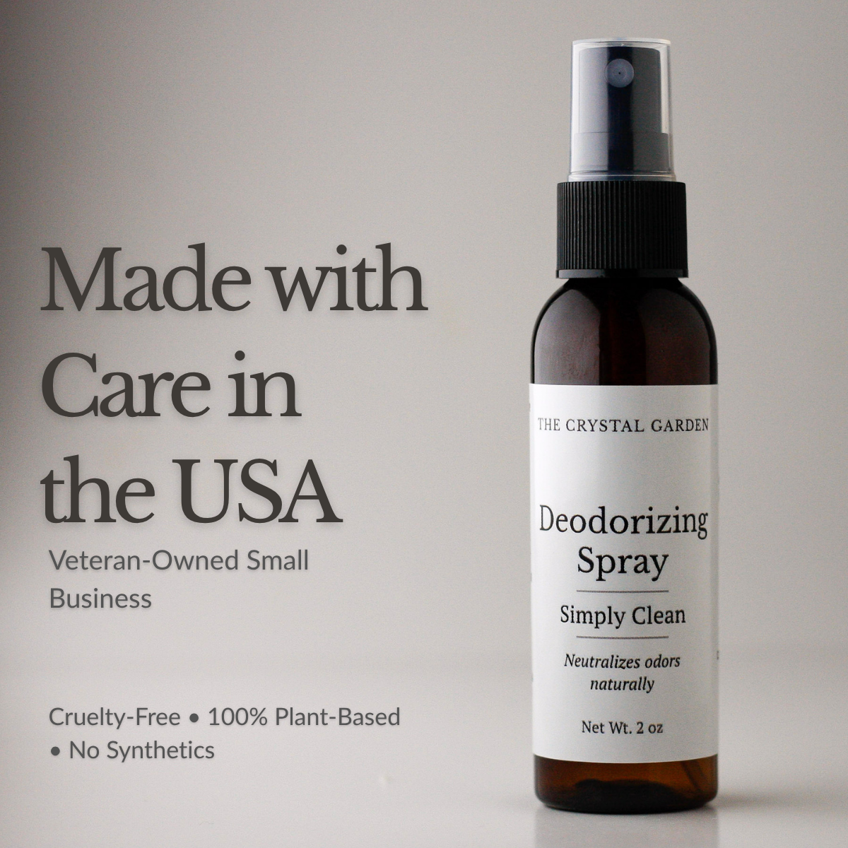 The Crystal Garden Simply Clean deodorizing spray in a 2 oz amber bottle on a white background. Made in USA, a veteran owned company