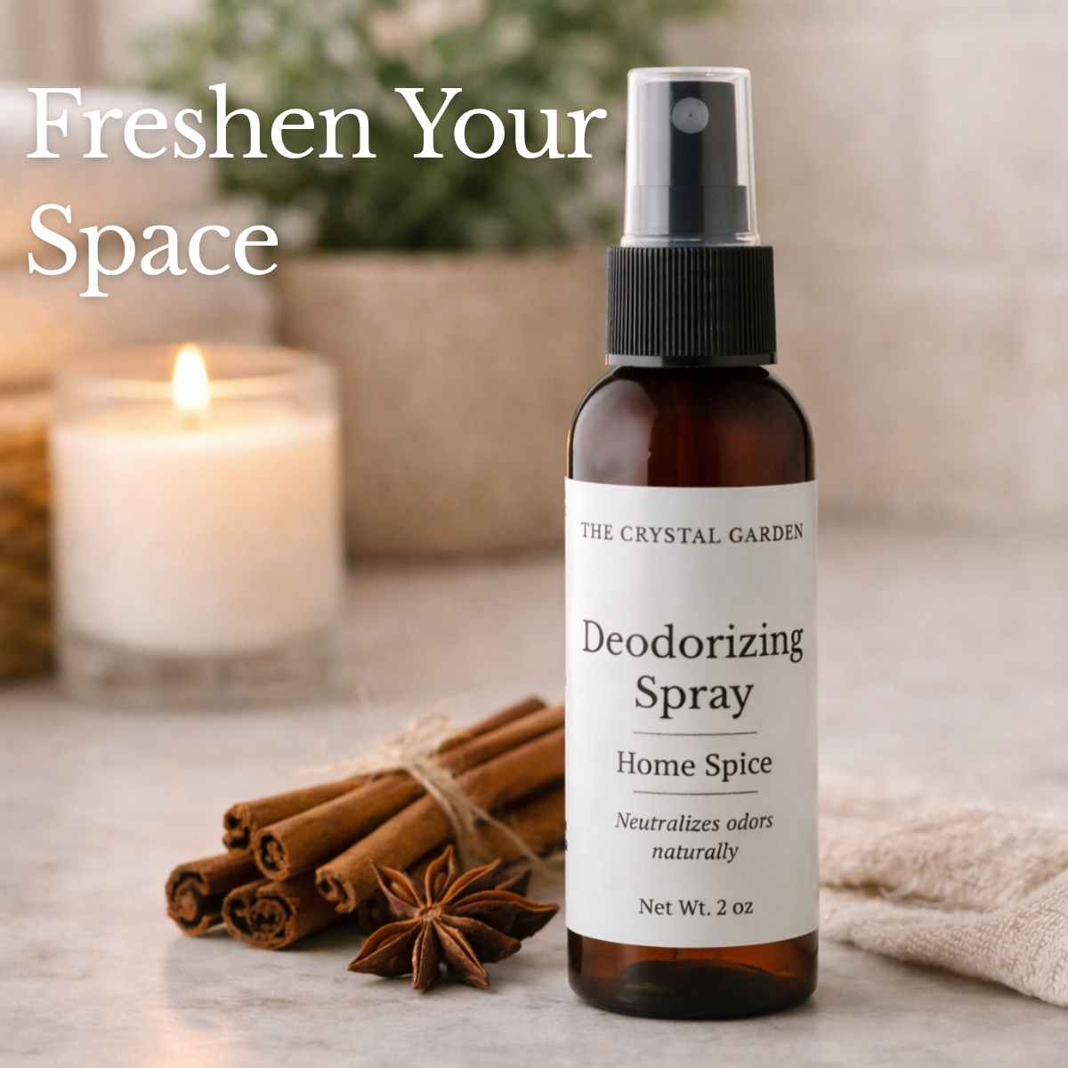 Home Spice deodorizing spray in amber glass bottle with cinnamon sticks and warm spice elements on a neutral background.
