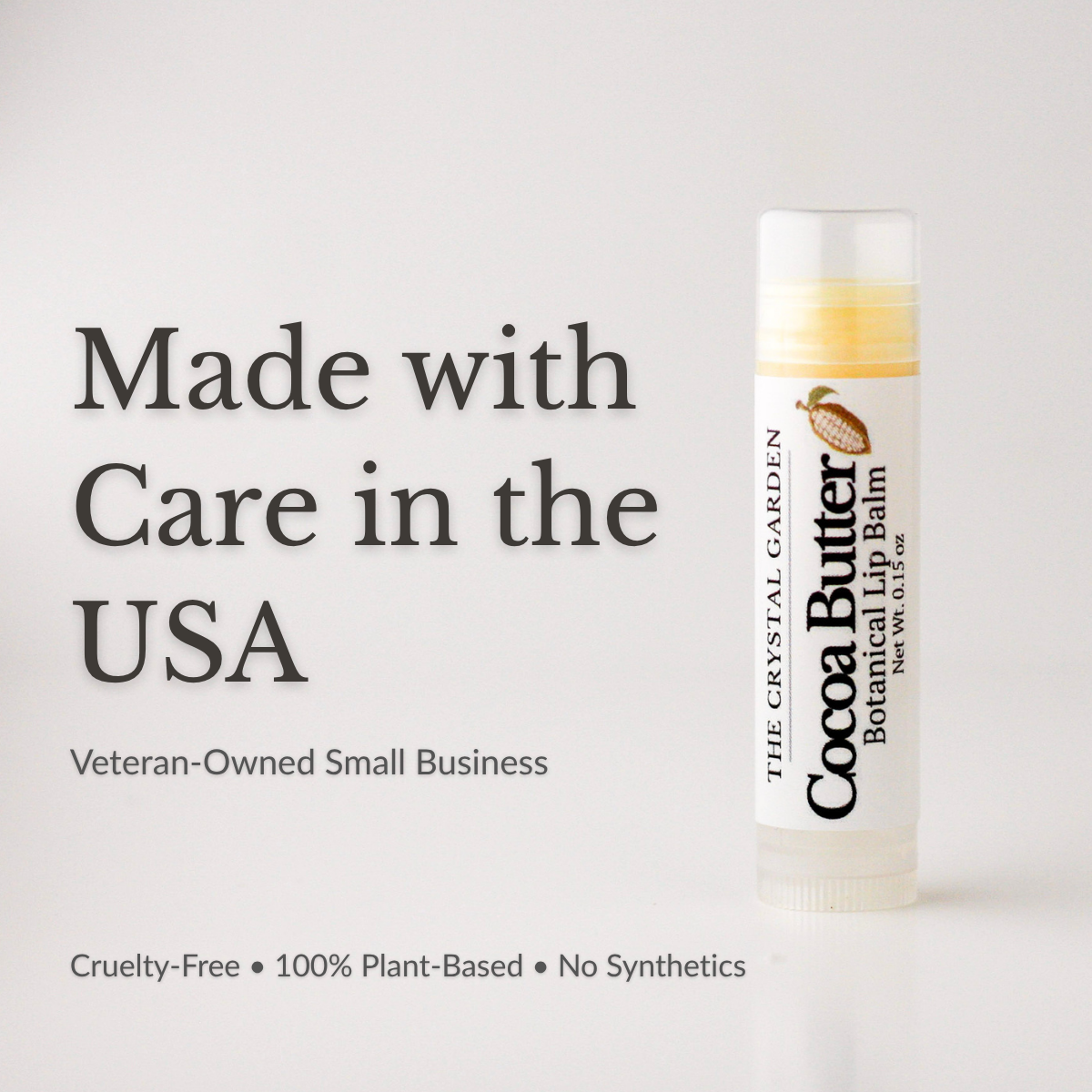 Cocoa Butter LIp balm, supporting photo. made in USA, veteran owned small company