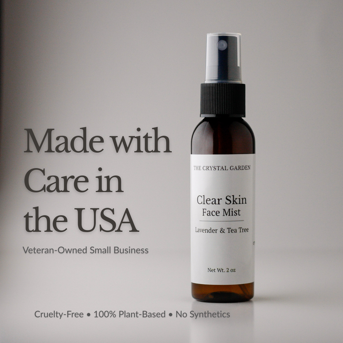 Clear Skin Face Mist botanical hydrosol facial mist in amber glass spray bottle, with text that says made in USA, veterain owned small business