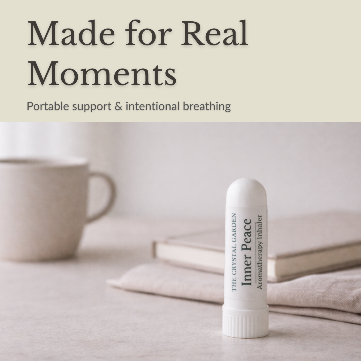 inner peace aromatherapy inhaler in calm setting by the crystal garden