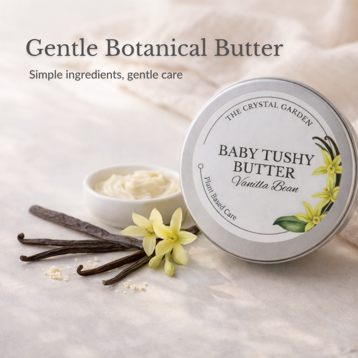 Vanilla Bean Baby Tushy Butter plant-based baby balm with vanilla beans on neutral background